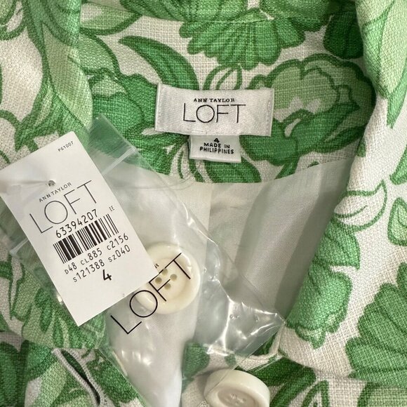 Loft Womens Green White Floral Linen Rayon Blend Jacket Blazer Size 4 New - Picture 3 of 8